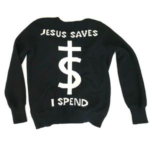 UNIF Jesus Saves I Spend black and white knit oversized cardigan sweater